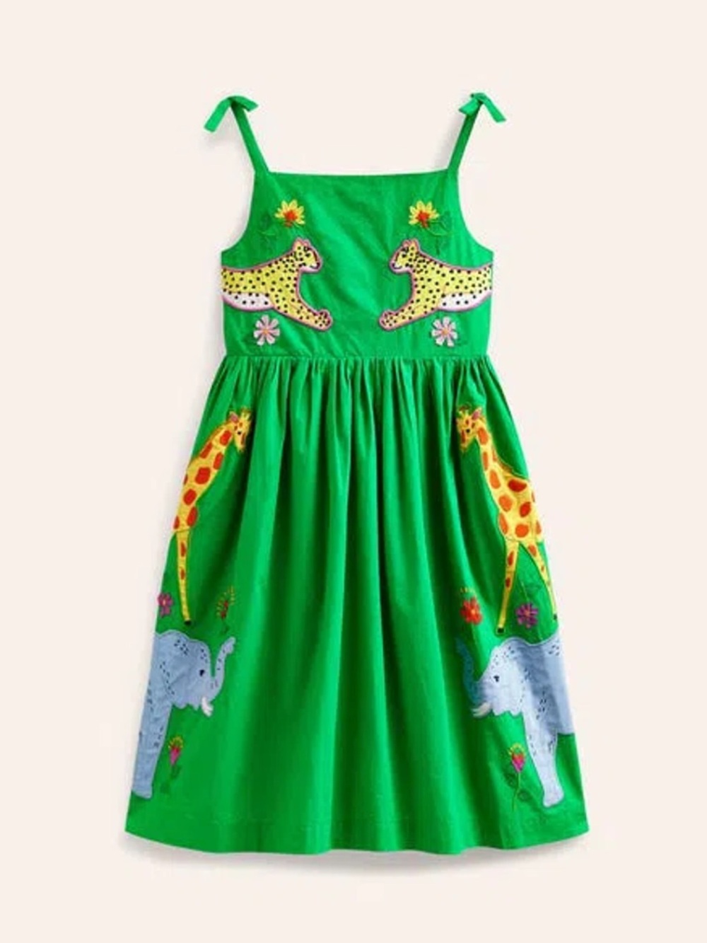 Mini Boden Girls Toddler Safari Cotton Green Applique Dress, Size 4/5Y